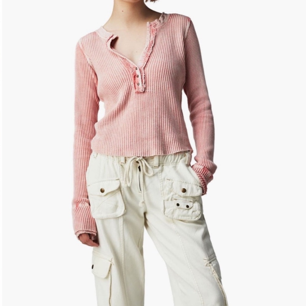 Free People NWT Colt Long Sleeve Raw Cuffs Waffle Knit Henley size small